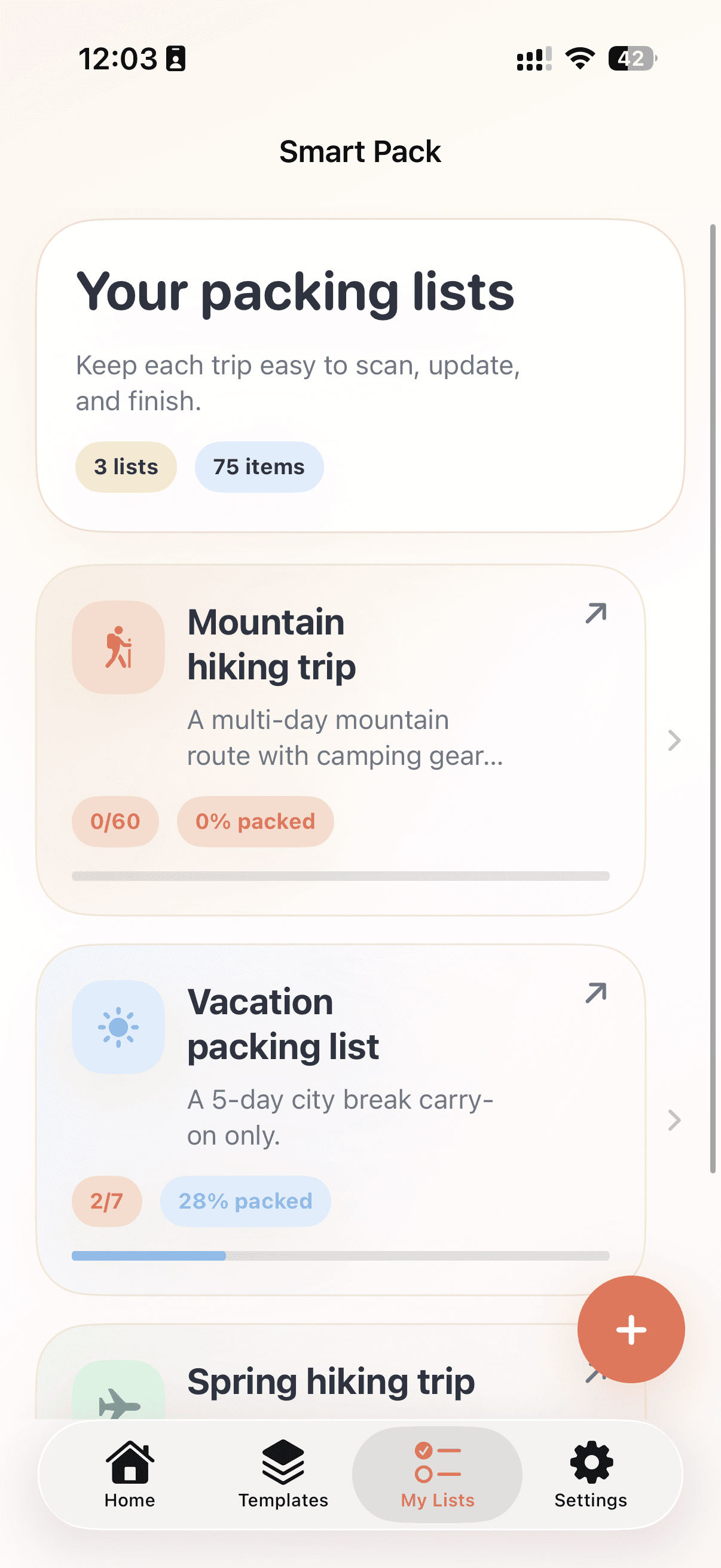 Smart Pack checklist screen with packing progress
