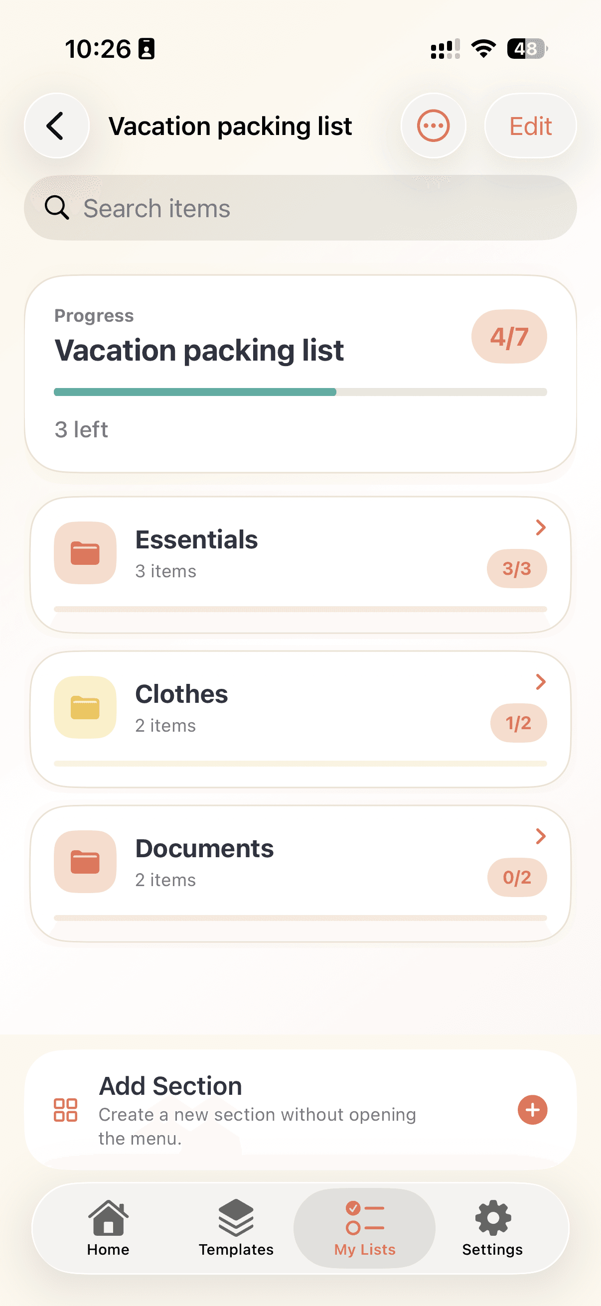 Smart Pack categories view with grouped packing sections