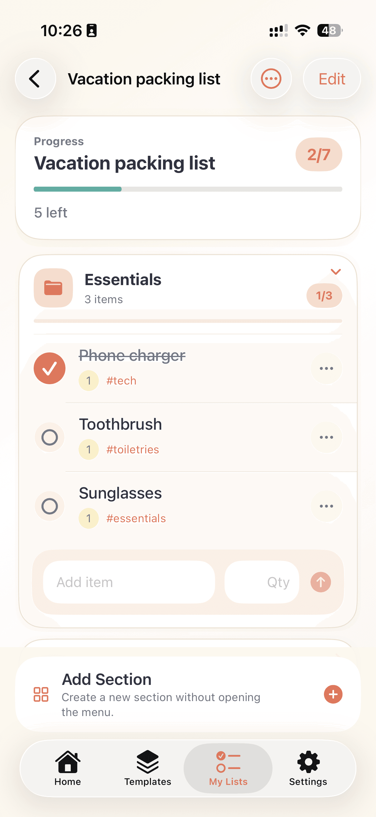 Smart Pack open categories view with packed items