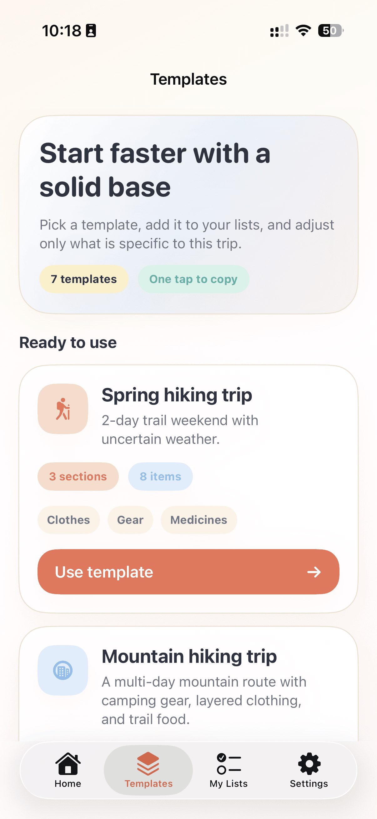 Smart Pack templates screen with travel scenarios